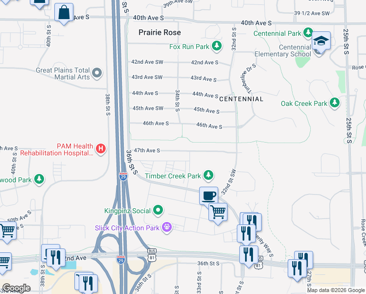 map of restaurants, bars, coffee shops, grocery stores, and more near 3431 47th Avenue South in Fargo