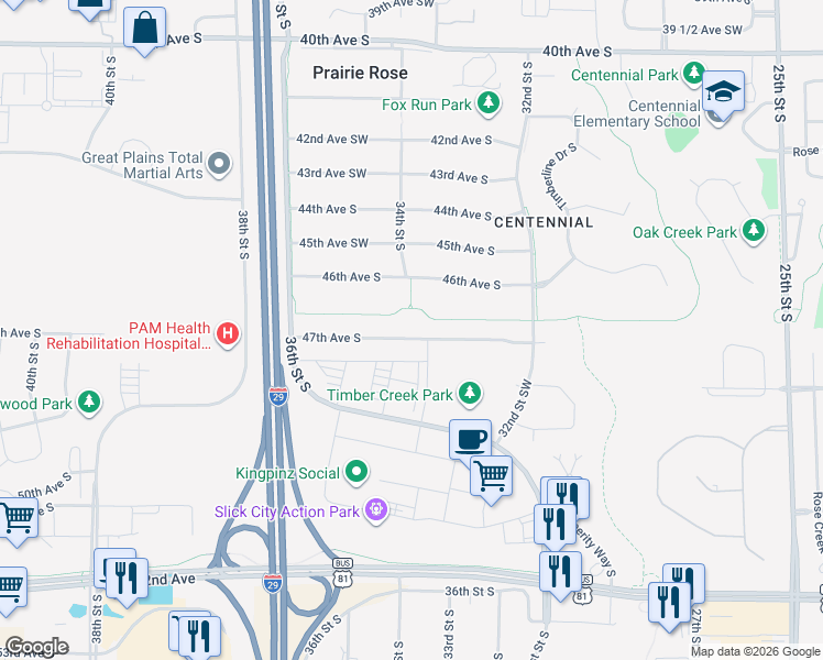 map of restaurants, bars, coffee shops, grocery stores, and more near 3431 47th Avenue South in Fargo