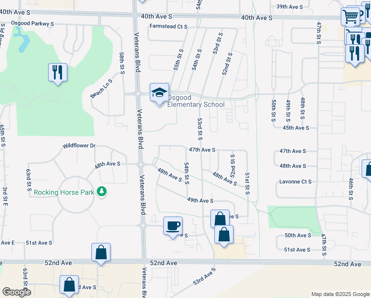 map of restaurants, bars, coffee shops, grocery stores, and more near 3551 54th Street South in Fargo