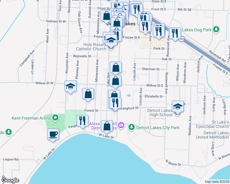 map of restaurants, bars, coffee shops, grocery stores, and more near 1212 Washington Avenue in Detroit Lakes