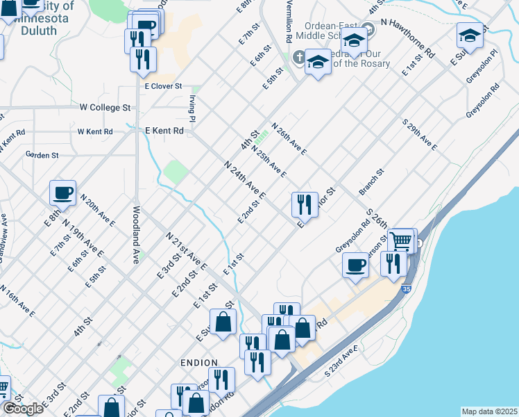 map of restaurants, bars, coffee shops, grocery stores, and more near 2320 East 2nd Street in Duluth