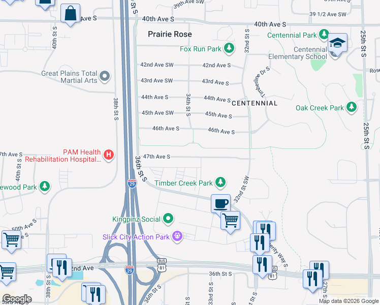 map of restaurants, bars, coffee shops, grocery stores, and more near 3431 47th Avenue South in Fargo