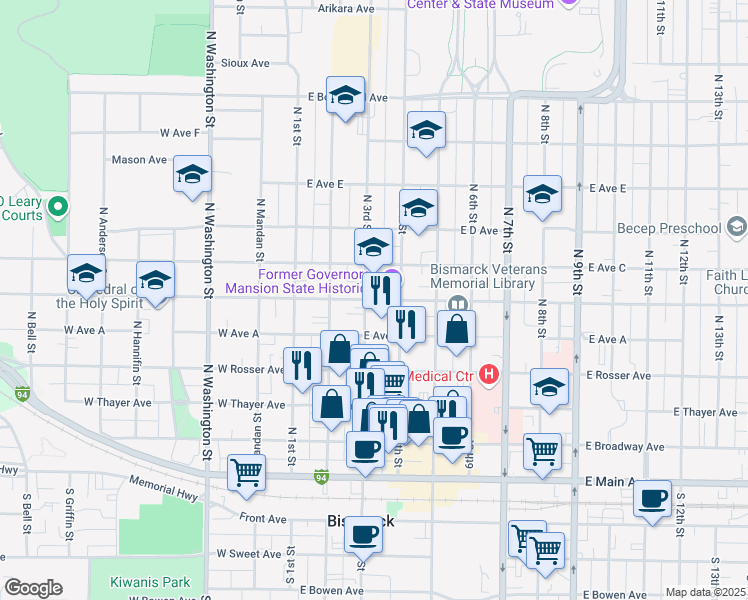 map of restaurants, bars, coffee shops, grocery stores, and more near 323 East Avenue B in Bismarck