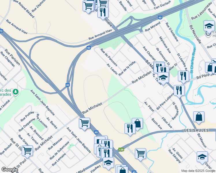 map of restaurants, bars, coffee shops, grocery stores, and more near 3405 Rue Pierre-Ardouin in Québec