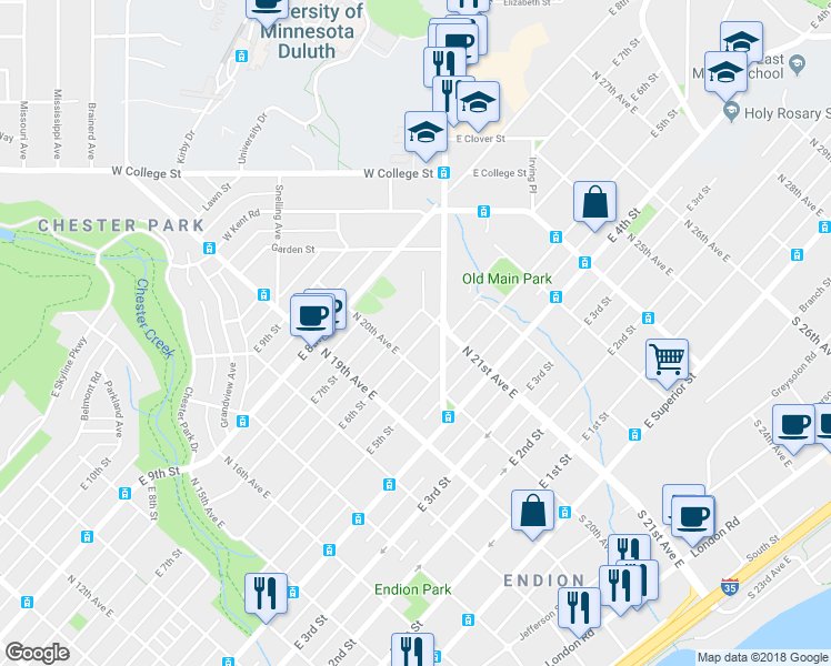 map of restaurants, bars, coffee shops, grocery stores, and more near 2017 East 6th Street in Duluth