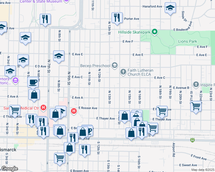 map of restaurants, bars, coffee shops, grocery stores, and more near 600 North 13th Street in Bismarck