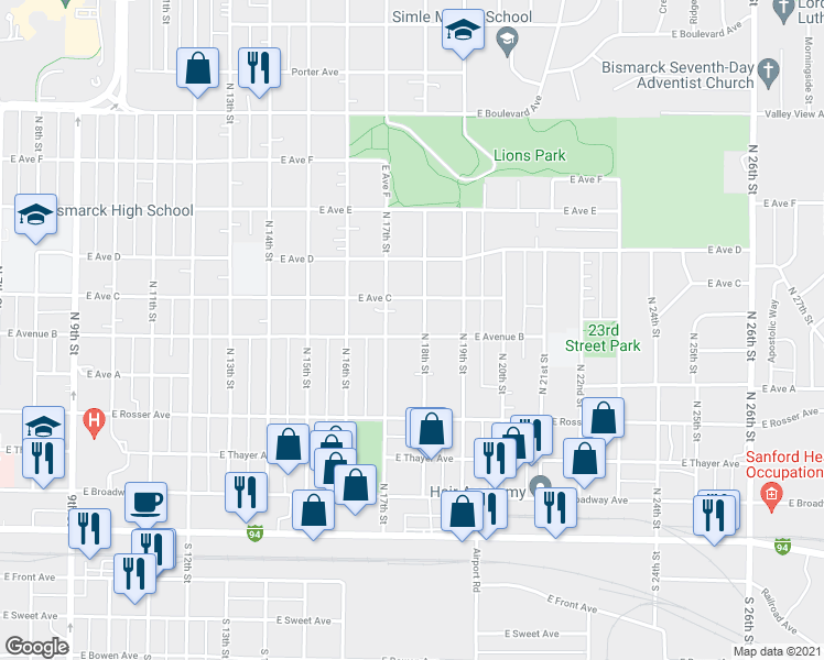 map of restaurants, bars, coffee shops, grocery stores, and more near 1716 East Avenue B in Bismarck