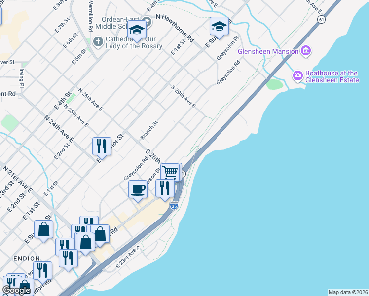 map of restaurants, bars, coffee shops, grocery stores, and more near 2702 Jefferson Street in Duluth