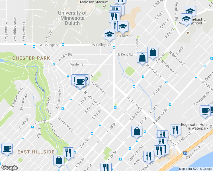 map of restaurants, bars, coffee shops, grocery stores, and more near 2016 East 6th Street in Duluth