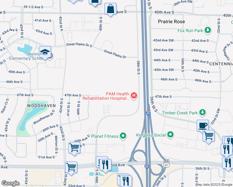 map of restaurants, bars, coffee shops, grocery stores, and more near 4825 38th Street South in Fargo