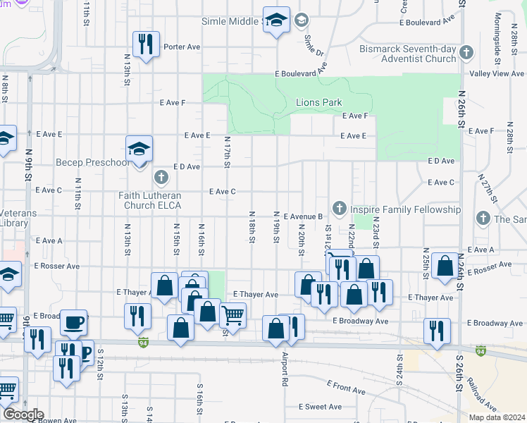 map of restaurants, bars, coffee shops, grocery stores, and more near 1810 East Avenue B in Bismarck