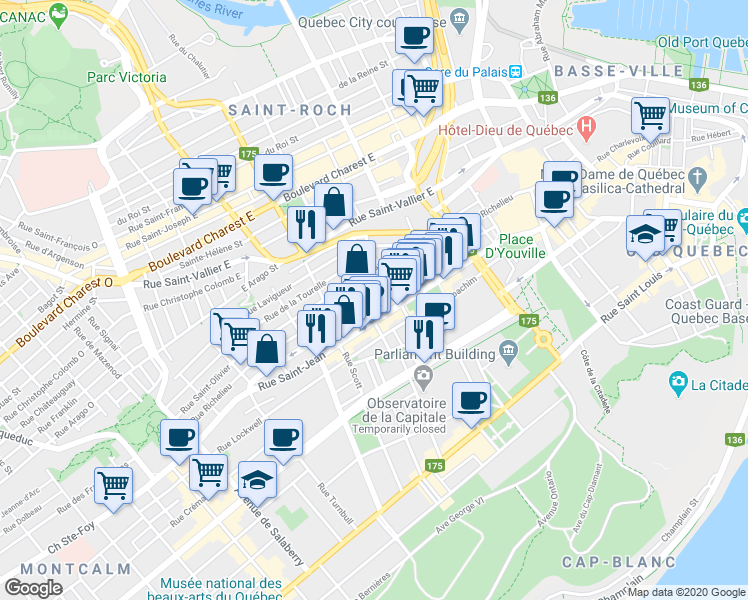 map of restaurants, bars, coffee shops, grocery stores, and more near 620 Rue D'Aiguillon in Quebec