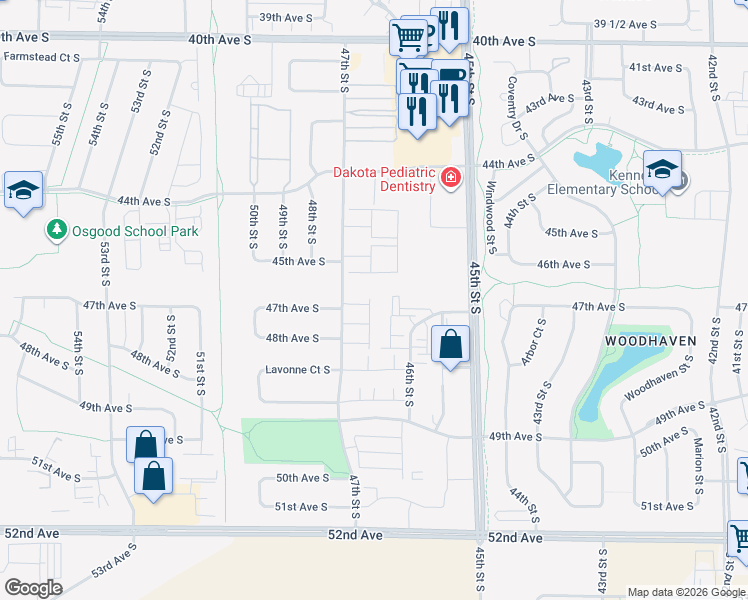 map of restaurants, bars, coffee shops, grocery stores, and more near 4724 47th Street South in Fargo