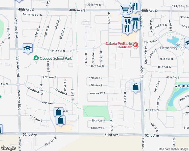 map of restaurants, bars, coffee shops, grocery stores, and more near 4822 47th Avenue South in Fargo