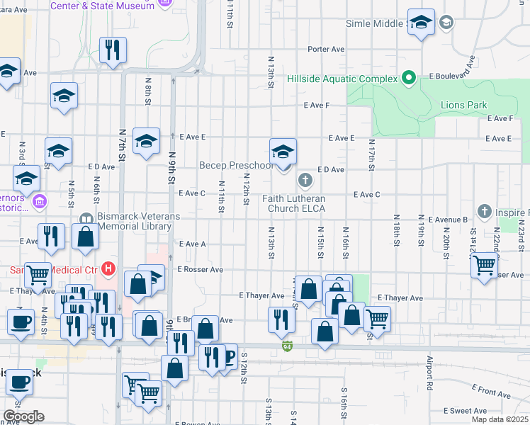 map of restaurants, bars, coffee shops, grocery stores, and more near 600 North 13th Street in Bismarck