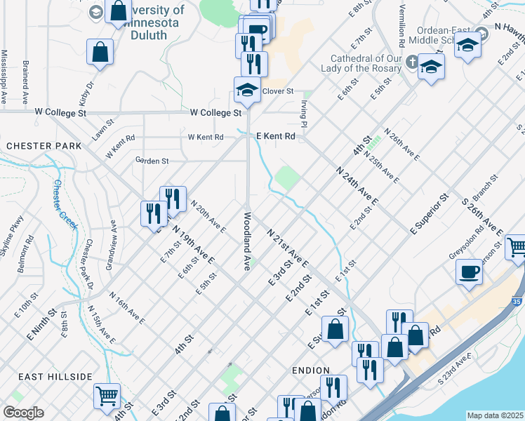 map of restaurants, bars, coffee shops, grocery stores, and more near 2101 East 5th Street in Duluth