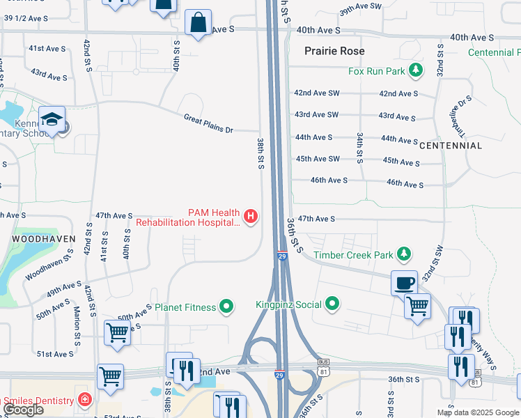 map of restaurants, bars, coffee shops, grocery stores, and more near 4671 38th Street South in Fargo