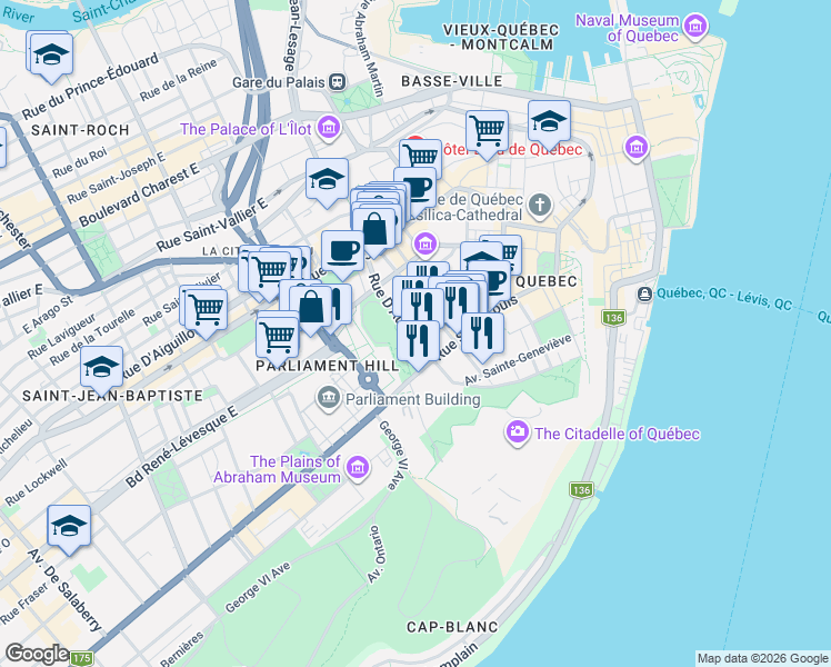 map of restaurants, bars, coffee shops, grocery stores, and more near 65 Rue D'Auteuil in Québec