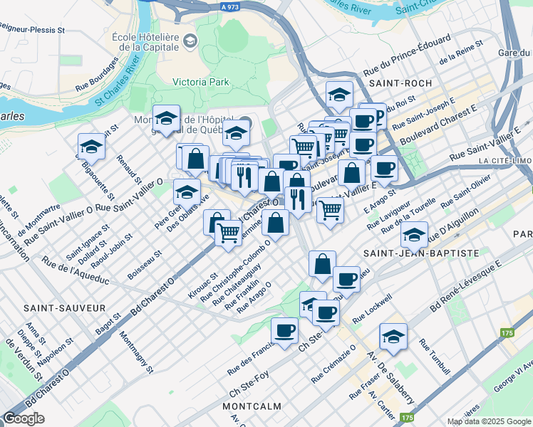 map of restaurants, bars, coffee shops, grocery stores, and more near 45 Rue Hermine in Ville de Québec