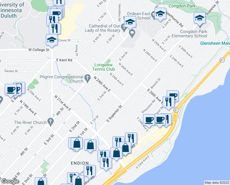 map of restaurants, bars, coffee shops, grocery stores, and more near 2401 East 1st Street in Duluth