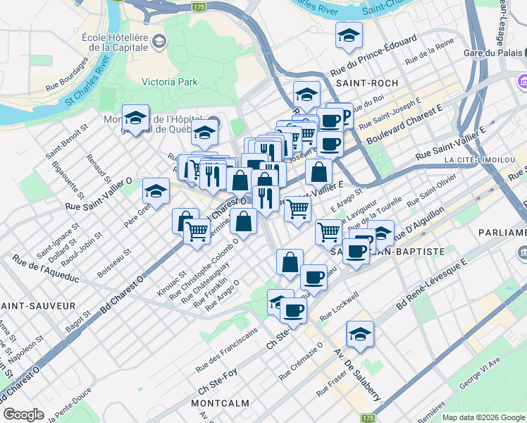 map of restaurants, bars, coffee shops, grocery stores, and more near 477 Boulevard Langelier in Québec