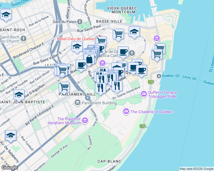 map of restaurants, bars, coffee shops, grocery stores, and more near 62 Rue Sainte-Ursule in Ville de Québec
