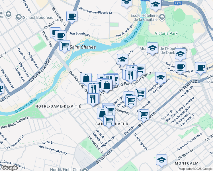map of restaurants, bars, coffee shops, grocery stores, and more near 672 Rue Saint-Vallier Ouest in Québec