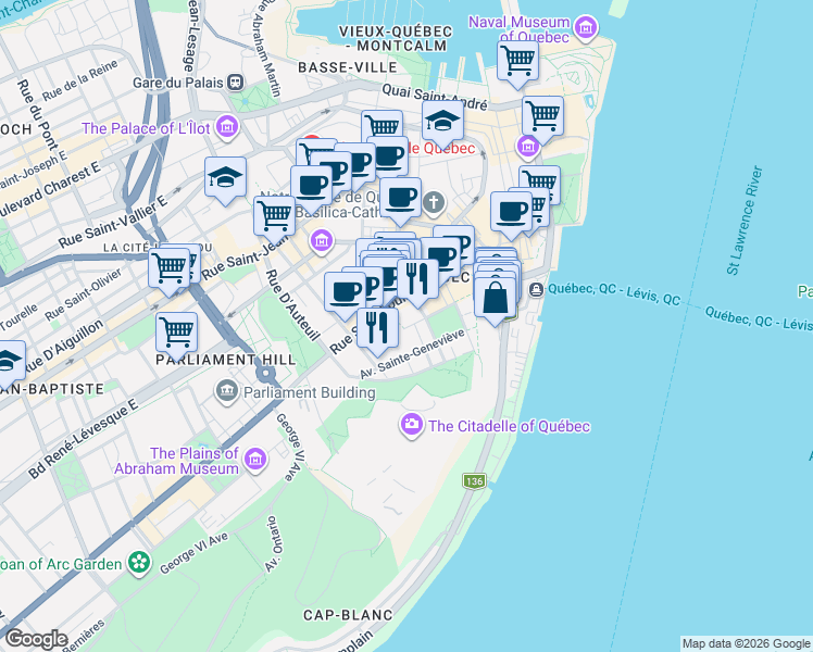 map of restaurants, bars, coffee shops, grocery stores, and more near 24 Rue Mont-Carmel in Québec