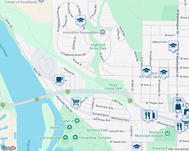 map of restaurants, bars, coffee shops, grocery stores, and more near 1101 West Avenue B in Bismarck