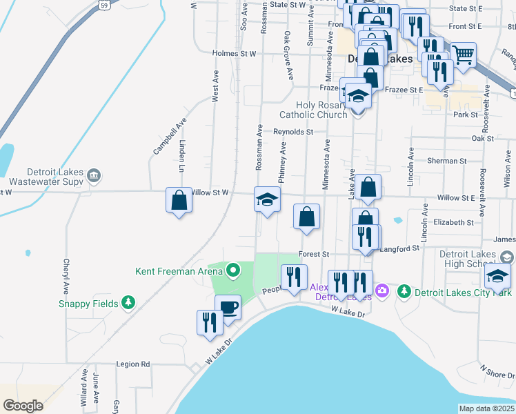 map of restaurants, bars, coffee shops, grocery stores, and more near 1221 Rossman Avenue in Detroit Lakes