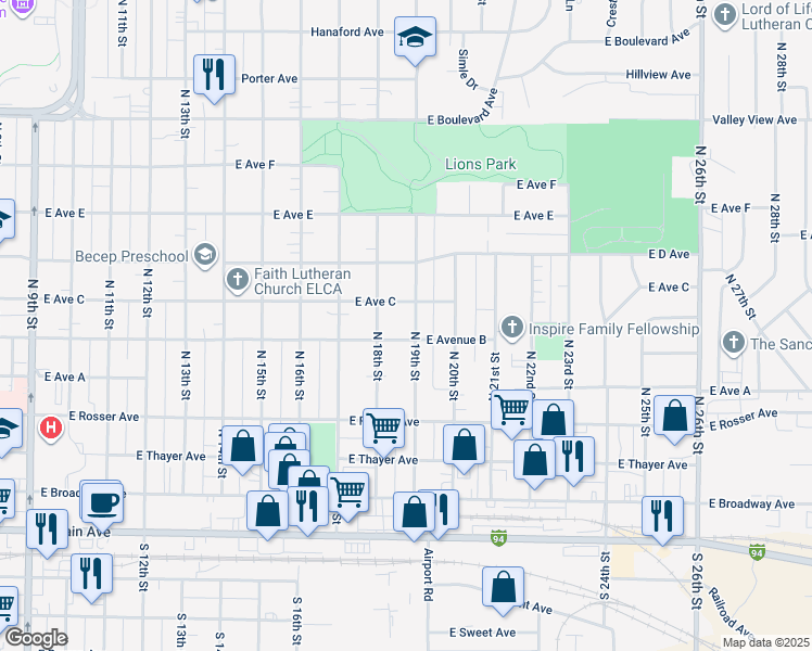 map of restaurants, bars, coffee shops, grocery stores, and more near 1810 East Avenue B in Bismarck