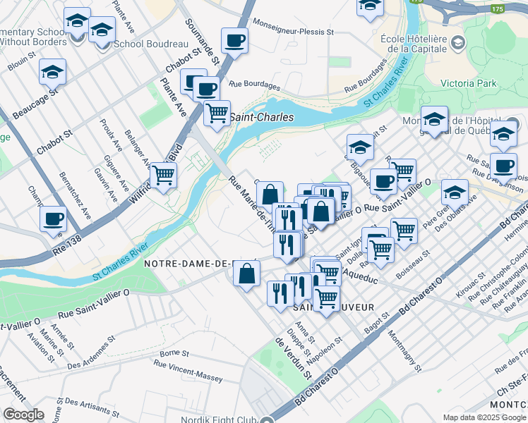 map of restaurants, bars, coffee shops, grocery stores, and more near 55 Rue d'Ailleboust in Québec