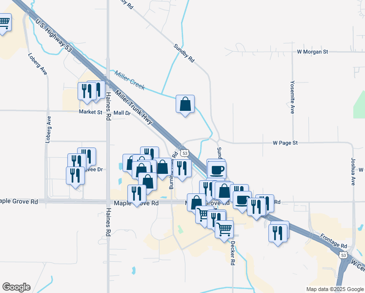 map of restaurants, bars, coffee shops, grocery stores, and more near 1901-1999 Miller Trunk Hwy in Duluth