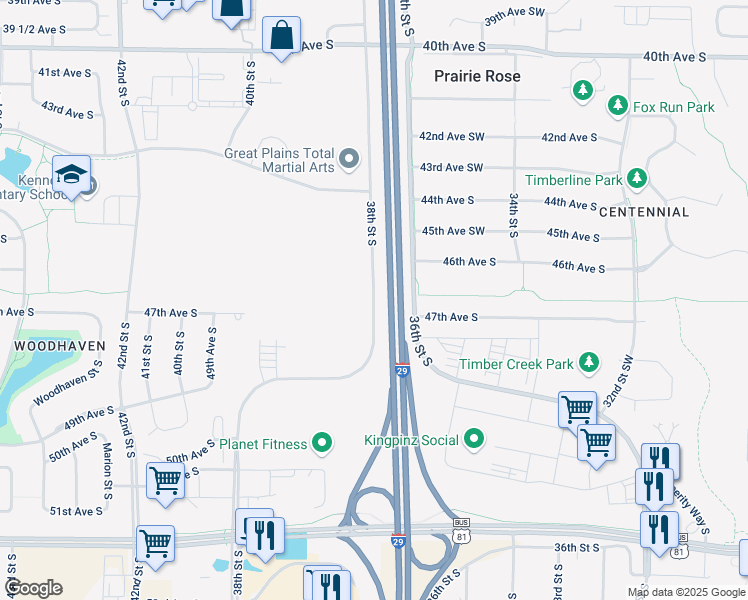 map of restaurants, bars, coffee shops, grocery stores, and more near 4563 38th Street South in Fargo