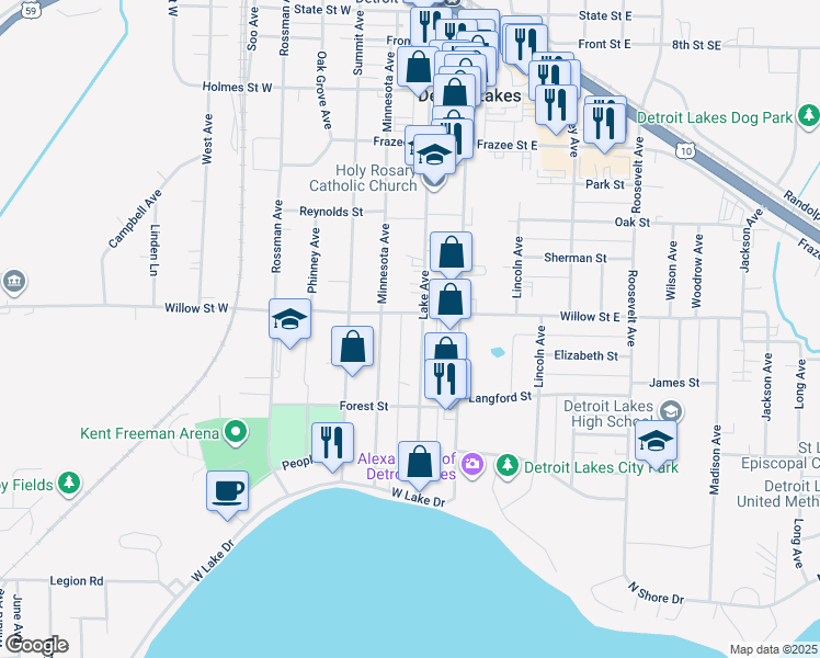 map of restaurants, bars, coffee shops, grocery stores, and more near 1223 Lake Avenue in Detroit Lakes
