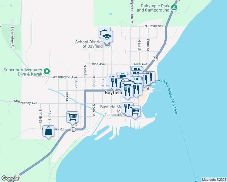 map of restaurants, bars, coffee shops, grocery stores, and more near Wisconsin 13 Trunk in Bayfield