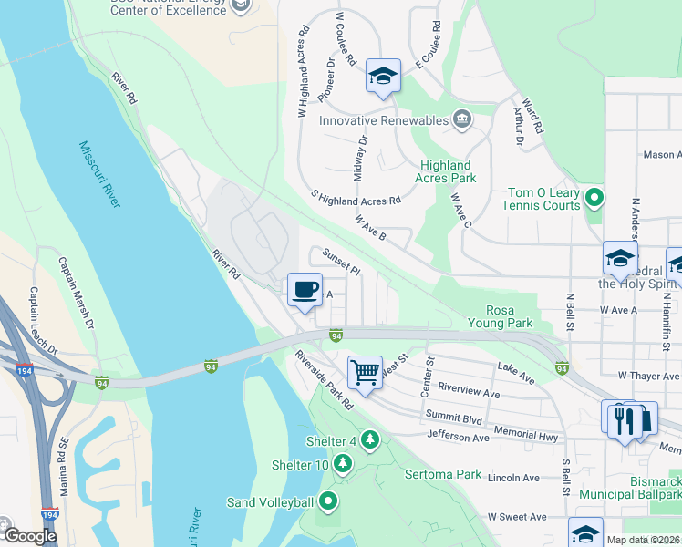 map of restaurants, bars, coffee shops, grocery stores, and more near 438 Sunset Place in Bismarck