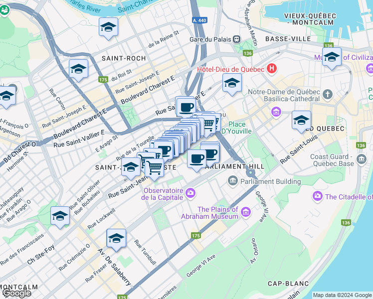 map of restaurants, bars, coffee shops, grocery stores, and more near 744 Rue Saint-Jean in Québec