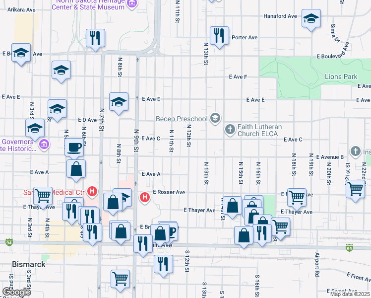 map of restaurants, bars, coffee shops, grocery stores, and more near 522 North 12th Street in Bismarck