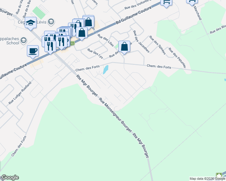 map of restaurants, bars, coffee shops, grocery stores, and more near 1257 Rue de l'Avoine in Levis