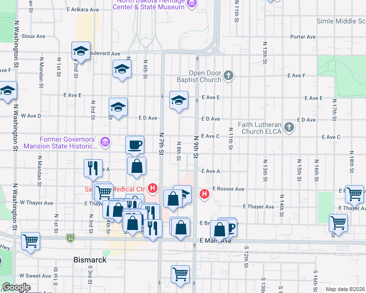 map of restaurants, bars, coffee shops, grocery stores, and more near 813 East Avenue B in Bismarck