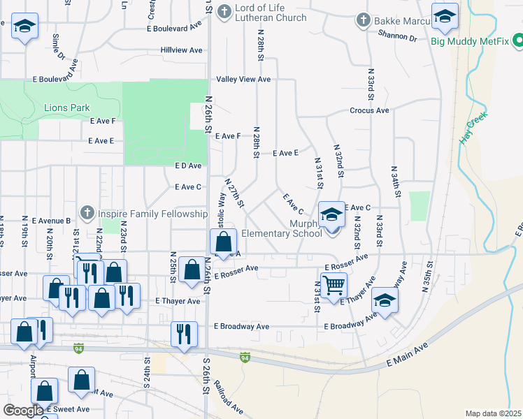 map of restaurants, bars, coffee shops, grocery stores, and more near 535 Gary Avenue in Bismarck