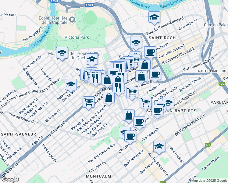 map of restaurants, bars, coffee shops, grocery stores, and more near Boulevard Langelier in Québec