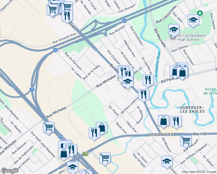 map of restaurants, bars, coffee shops, grocery stores, and more near 3050 Rue Colette in Lévis