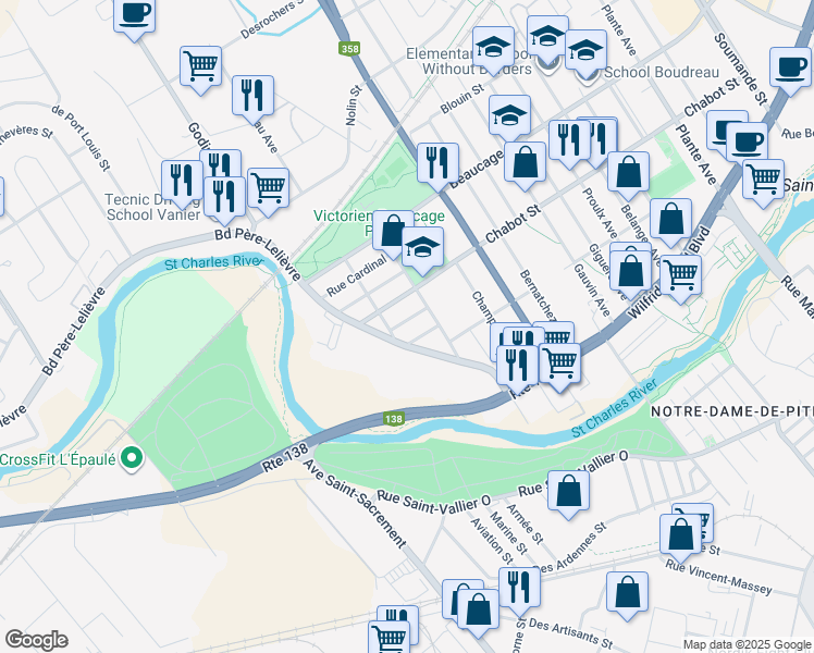 map of restaurants, bars, coffee shops, grocery stores, and more near 429 Rue Marceau in Ville de Québec