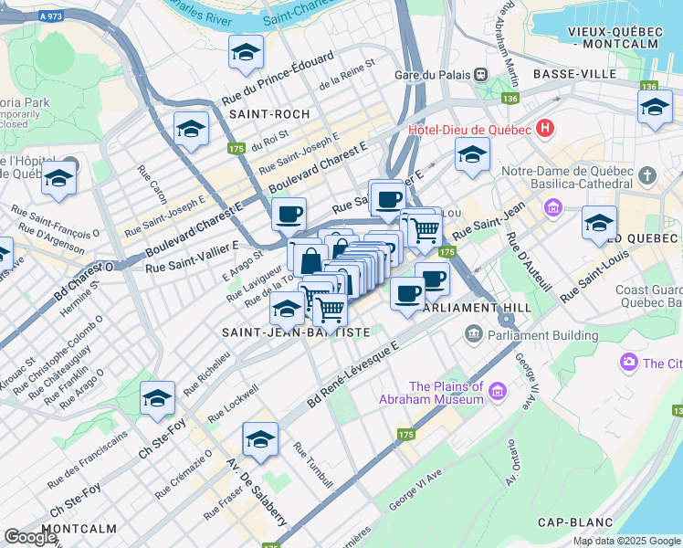map of restaurants, bars, coffee shops, grocery stores, and more near 600 Rue Richelieu in Ville de Québec
