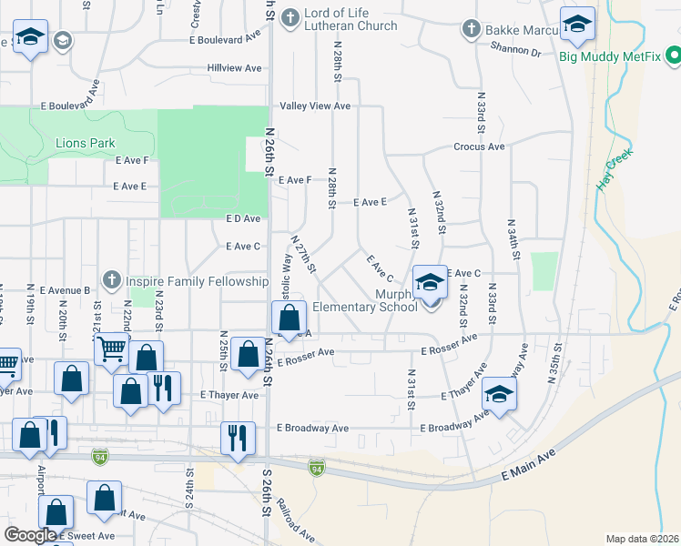 map of restaurants, bars, coffee shops, grocery stores, and more near 535 Gary Avenue in Bismarck