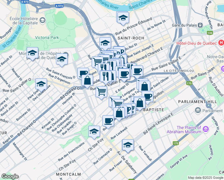 map of restaurants, bars, coffee shops, grocery stores, and more near 555 Rue des Voltigeurs in Quebec