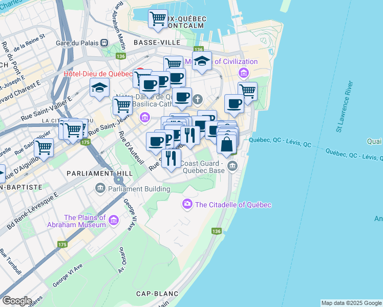 map of restaurants, bars, coffee shops, grocery stores, and more near 18 Rue Mont Carmel in Ville de Québec