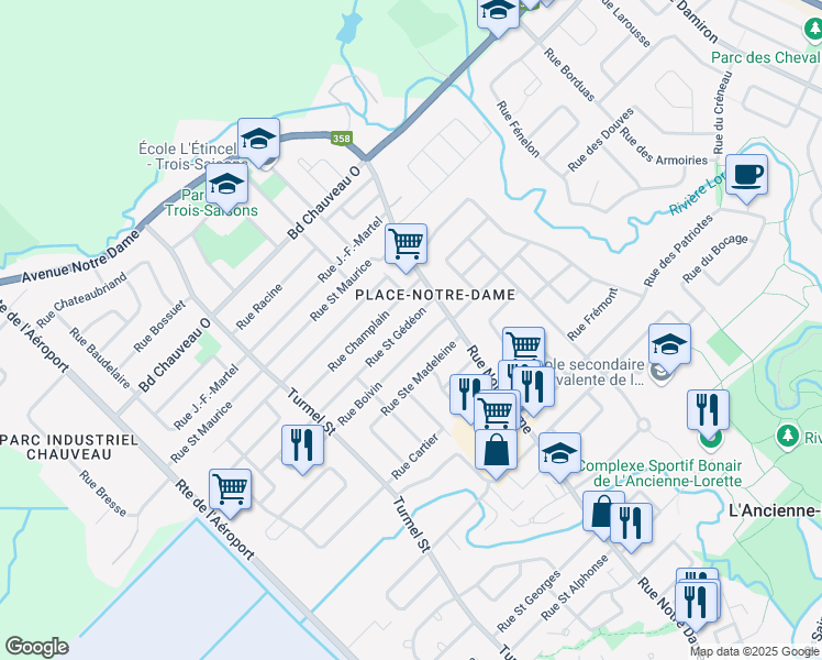map of restaurants, bars, coffee shops, grocery stores, and more near 1411 Rue Saint Gédéon in L'Ancienne-Lorette